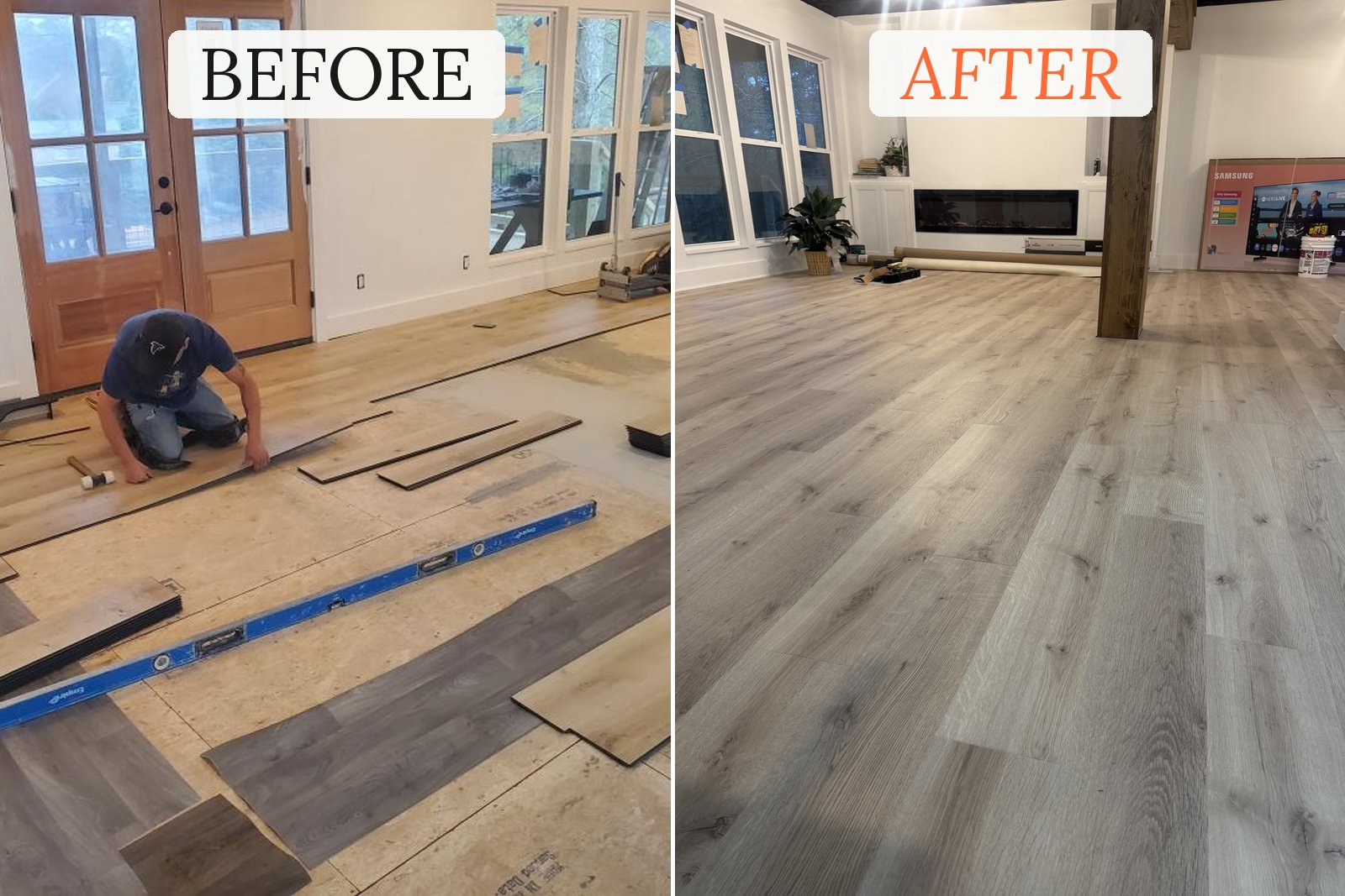 Before and after — luxury vinyl plank installation