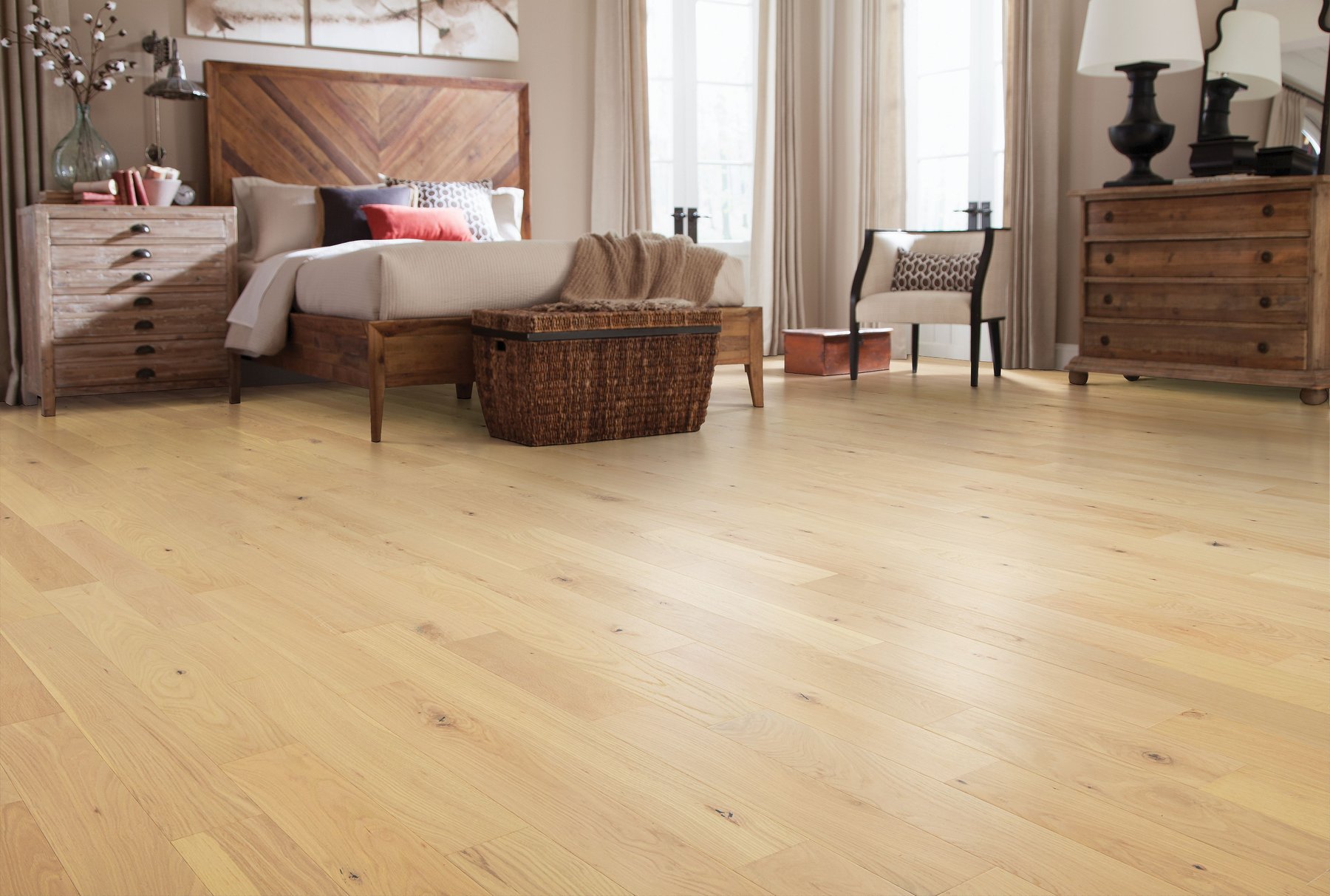 Freshly installed hardwood flooring in a bedroom